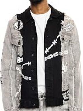 Smoke Rise Men's Black & Gray Graphic Denim Jacket for Slim Fit.M